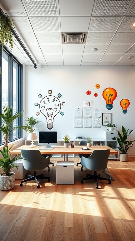 A modern office with interactive whiteboard walls featuring colorful graphics and plants.