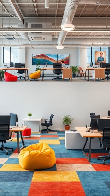 A modern office space featuring flexible desk arrangements with bean bags and colorful carpets.