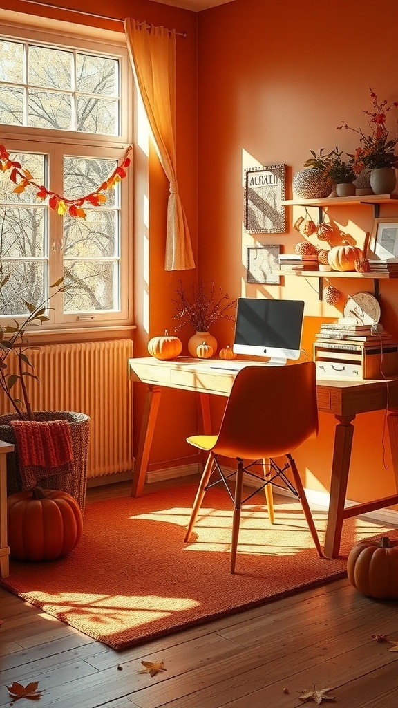 A cozy home office with pumpkin-themed decor and orange color scheme