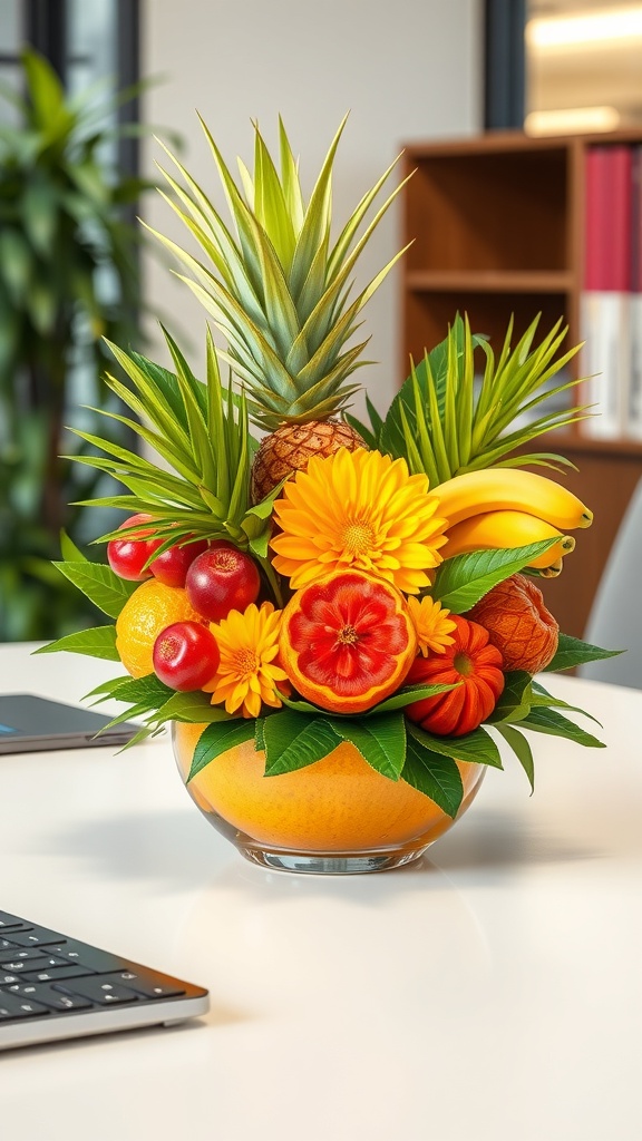 A colorful tropical fruit centerpiece featuring pineapples, bananas, and flowers in a clear bowl on a desk.