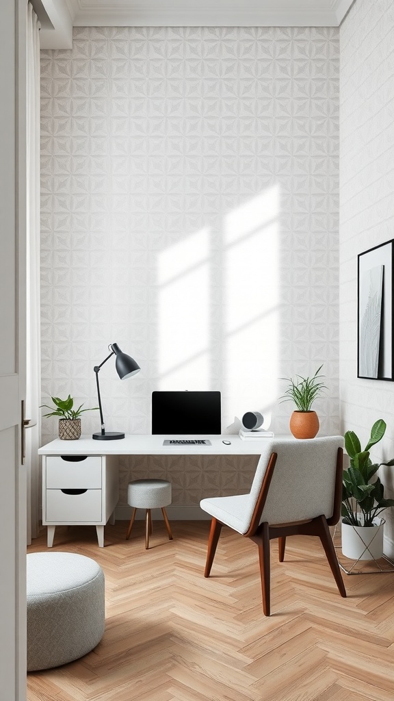 A modern home office featuring geometric patterned walls, a sleek desk, and stylish furniture.