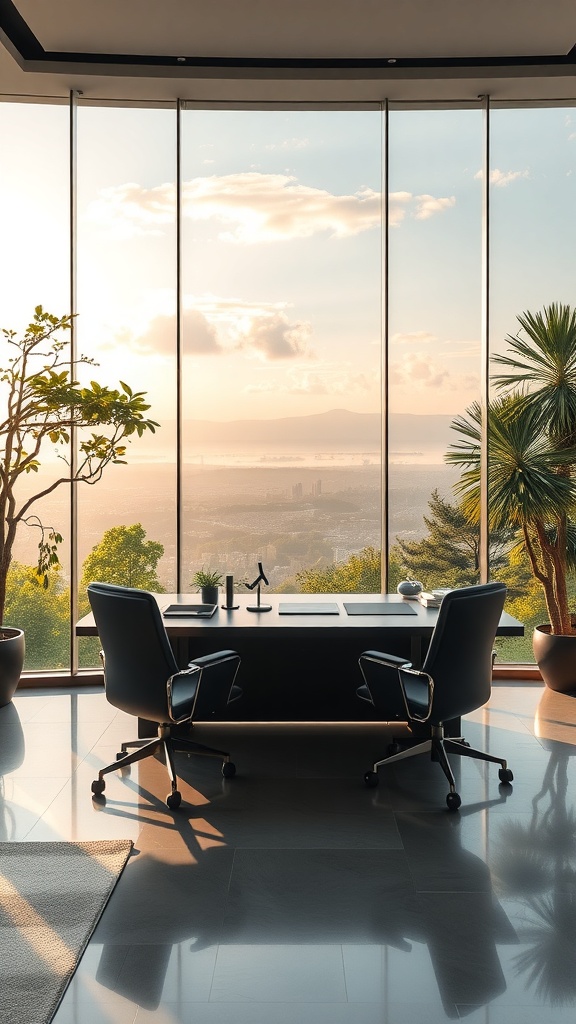 A modern executive desk with a view of a city skyline and greenery outside.