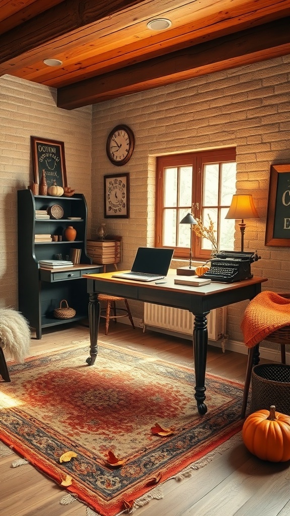 Cozy home office decorated with vintage elements and fall decor.