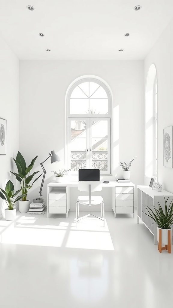 A bright and minimalist home office with white walls, a sleek desk, and plants.