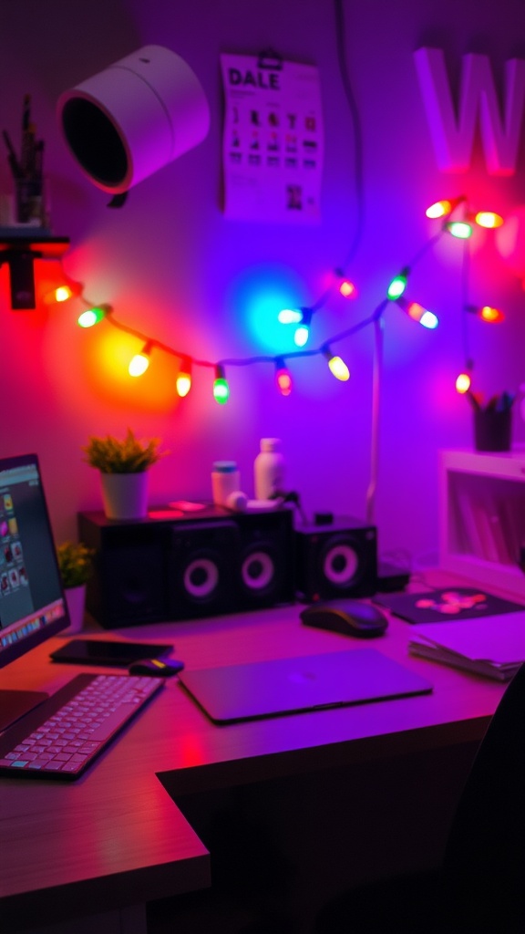 A colorful setup of string lights in a home office, creating a vibrant and inviting atmosphere.