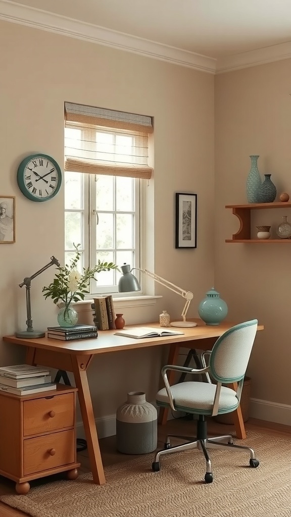 A cozy home office featuring beige walls, a wooden desk, and vintage blue accents.