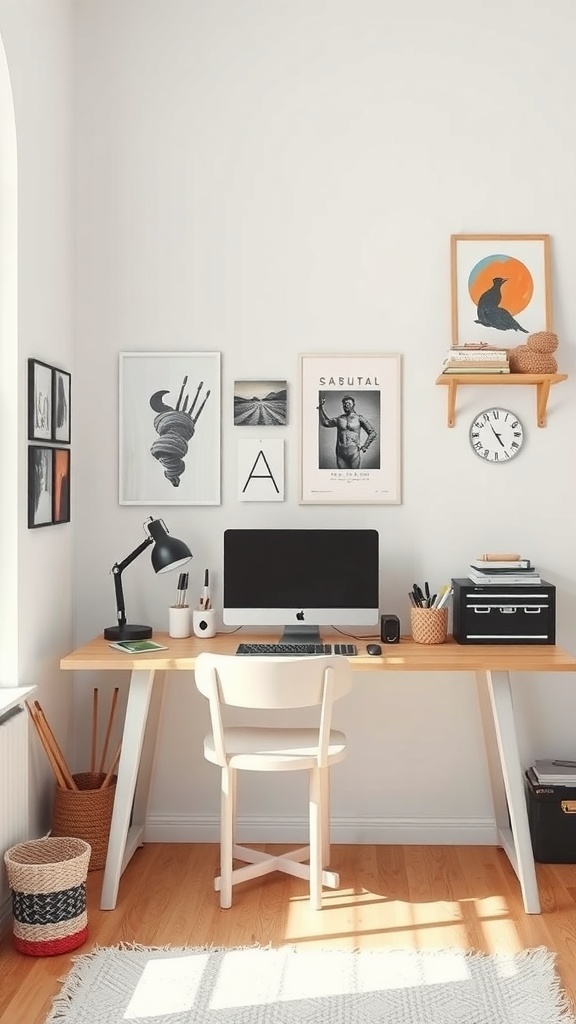 A minimalist home office with a wooden desk, a chair, and plants, showcasing modern design.