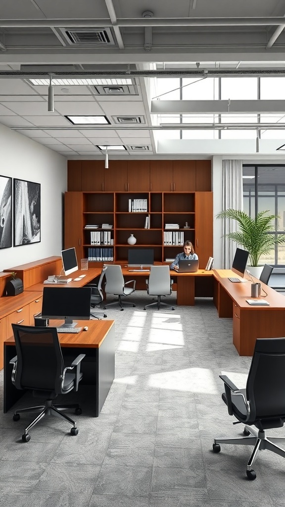 Modern open concept office featuring L shaped executive desks and ergonomic chairs.