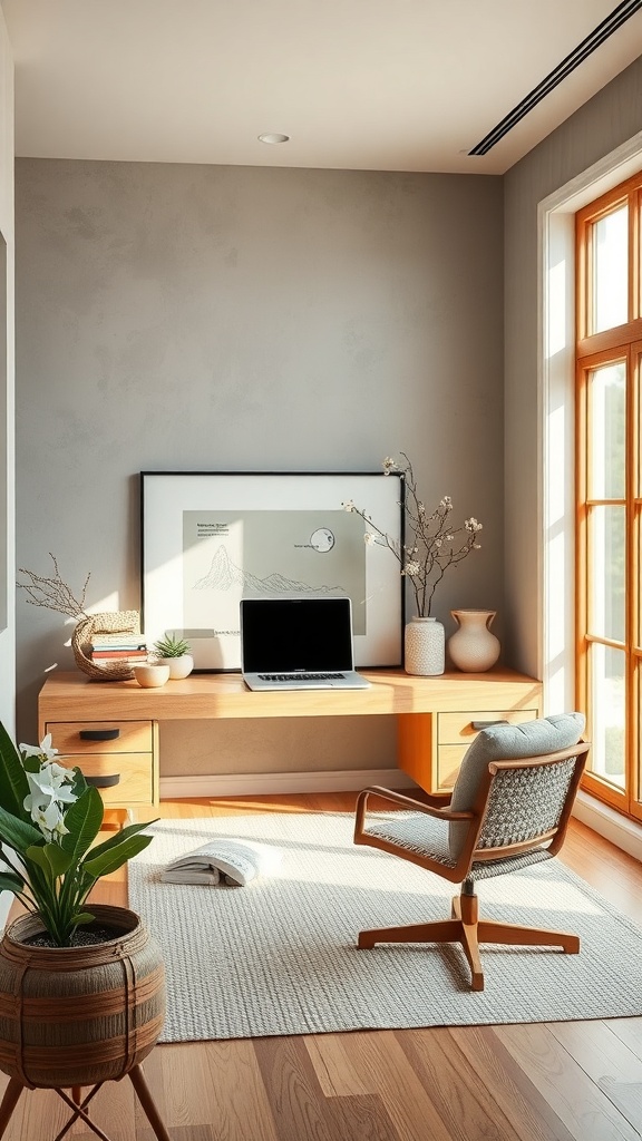 A chic home office with a wooden desk, a comfortable chair, and natural light coming through large windows.