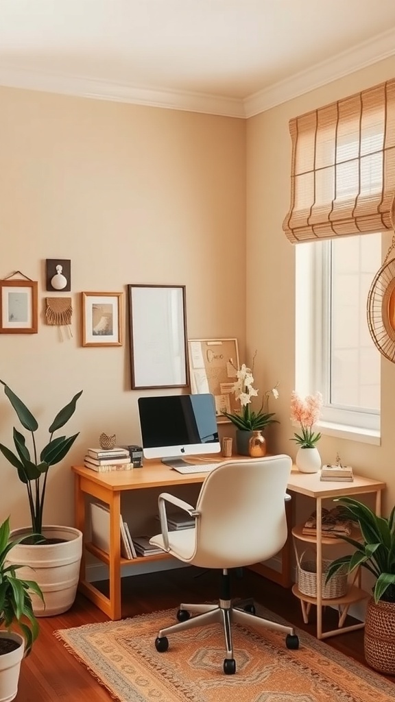 A cozy home office featuring beige walls, a light wood desk, a white chair, and coral pink accents.