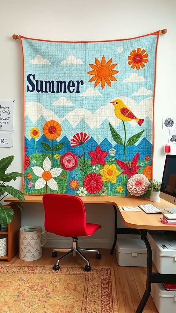 Colorful quilted wall hanging featuring flowers and a bird, brightening up a home office space.