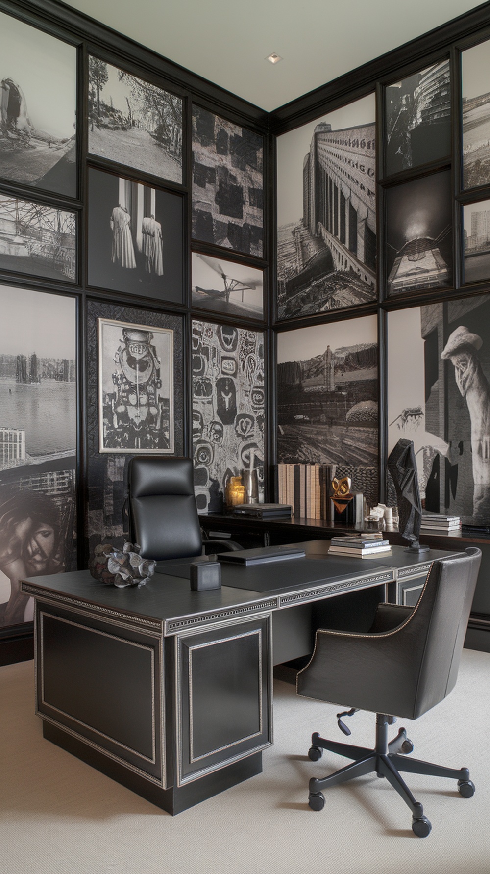 Gallery wall featuring black and white photography in a masculine office setting.