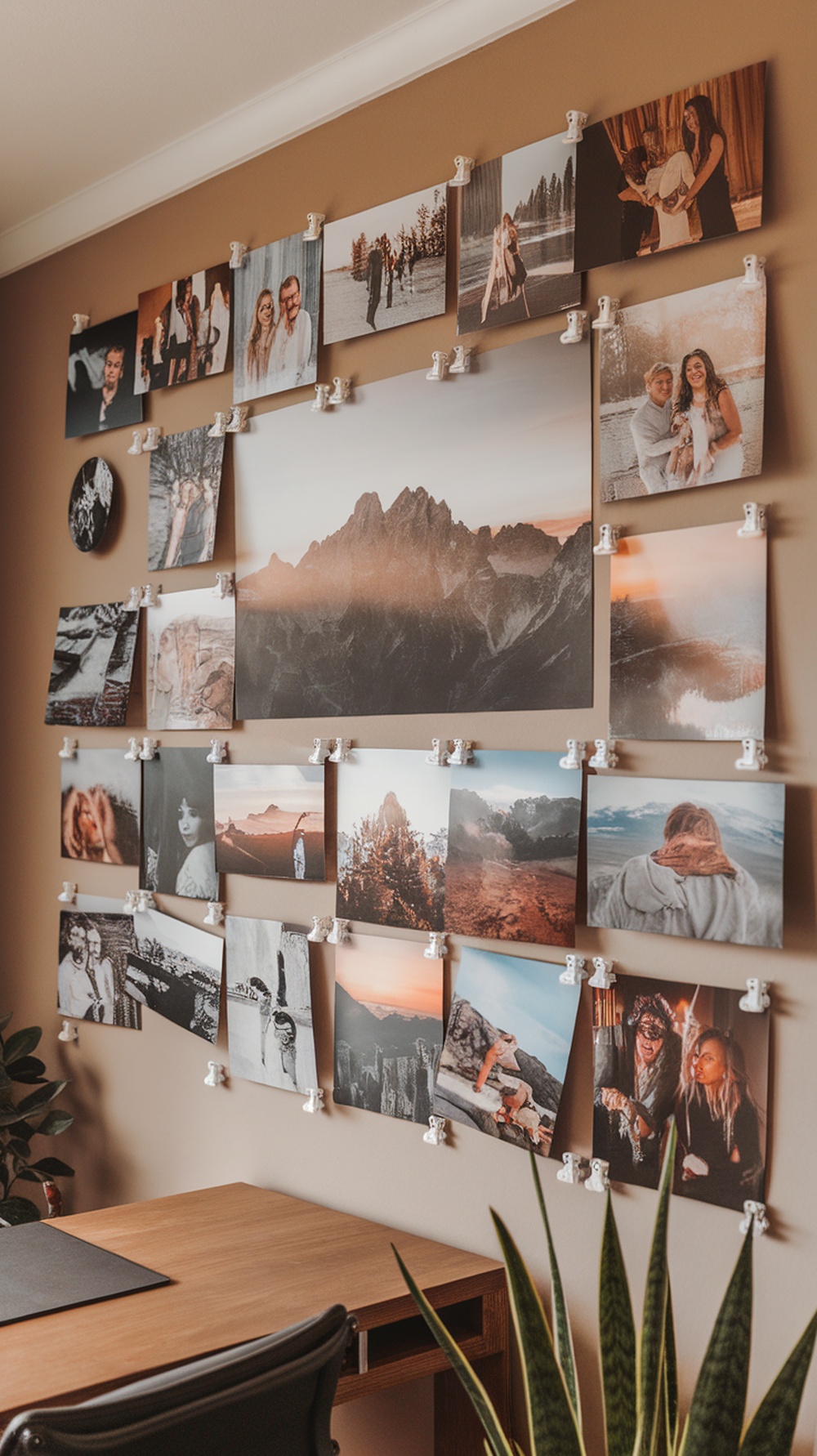 A vibrant photo collage on an office wall featuring various images and a prominent text design.