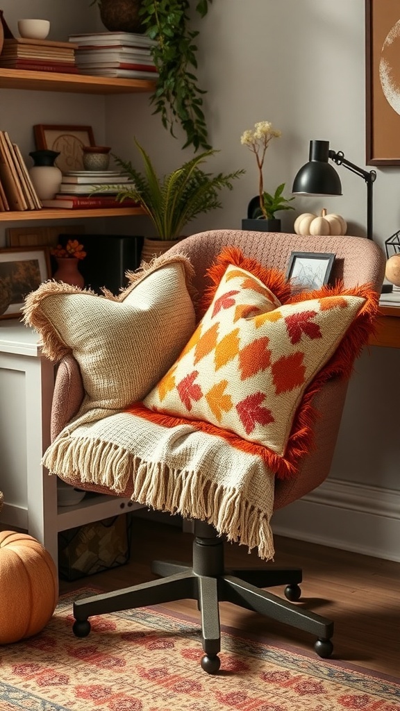 A cozy home office with autumn decor, featuring a furry chair, colorful throw pillow, pumpkins, and autumn leaves.
