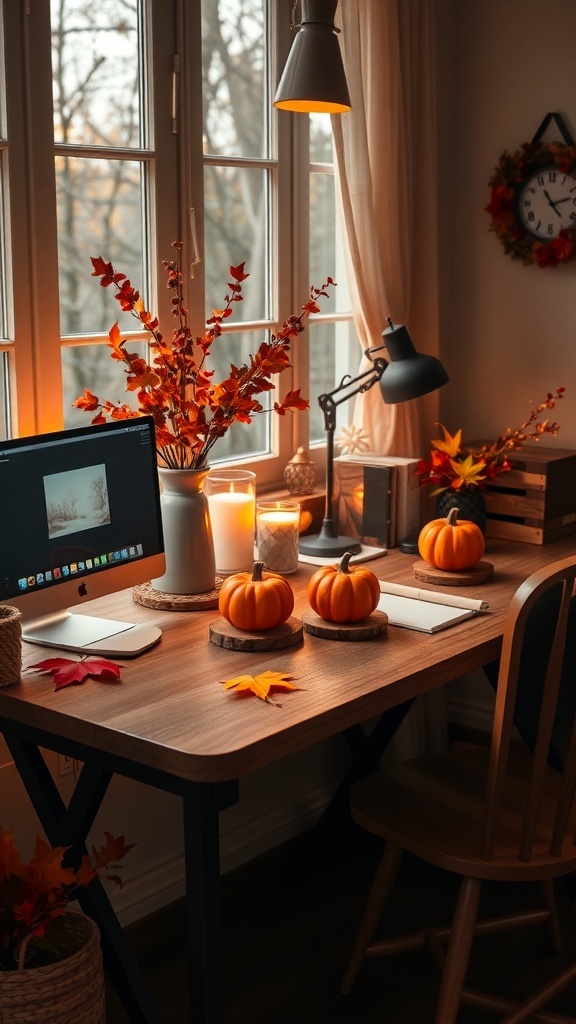 A cozy autumn-themed desk with pumpkins, leaves, and warm lighting