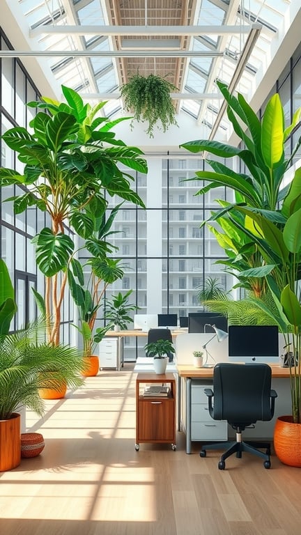 Bright office lounge with large windows and lush plants, showcasing biophilic design elements.