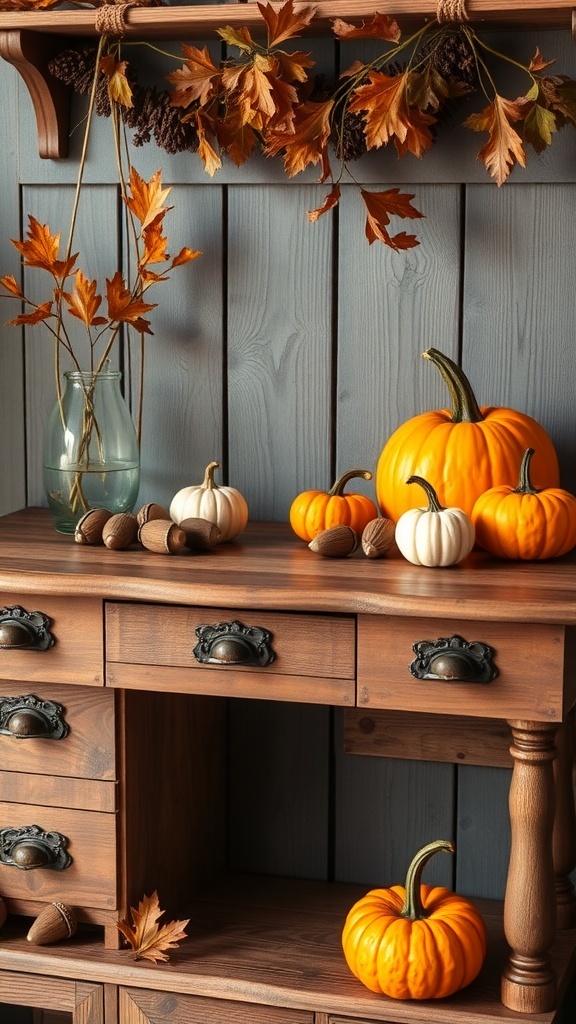 A rustic wood desk decorated with pumpkins and fall decor, showcasing a cozy workspace.