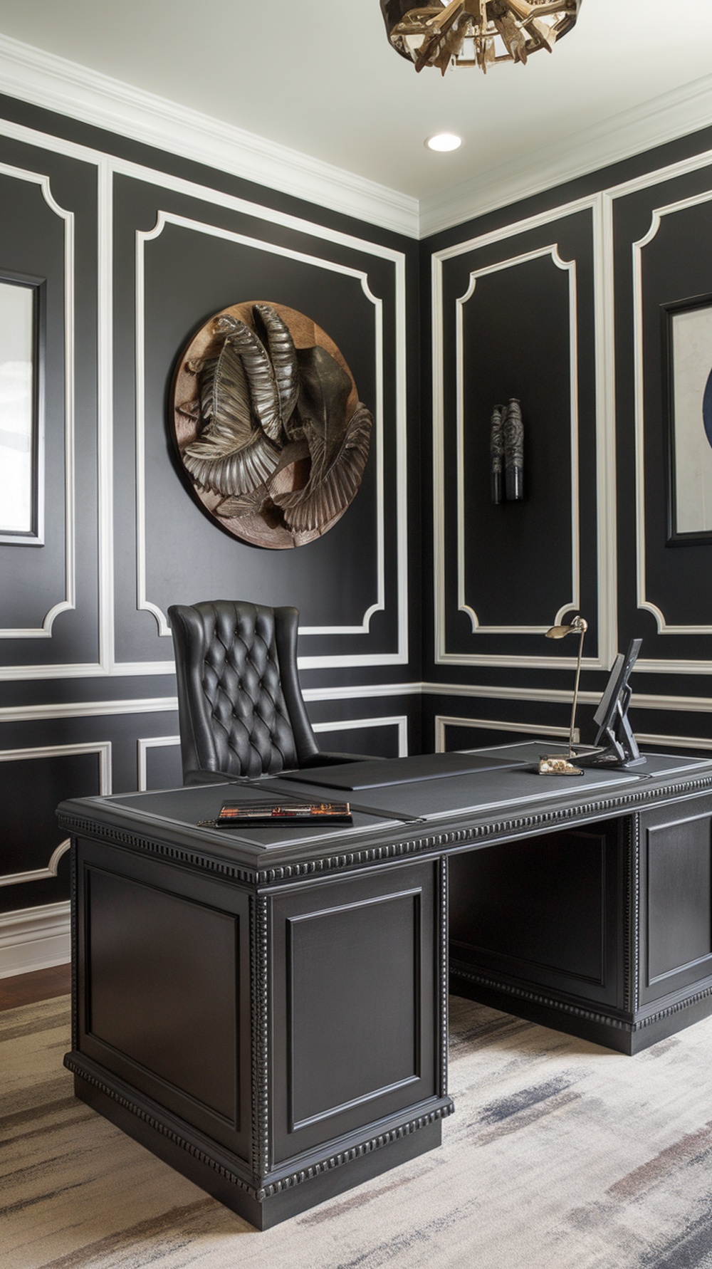 A classic black and white executive office with a black desk, tufted leather chair, and decorative wall art.