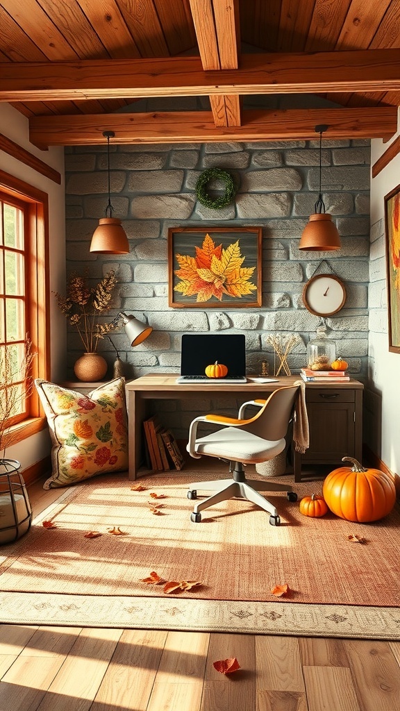Cozy home office with autumn-themed throw pillows and pumpkins