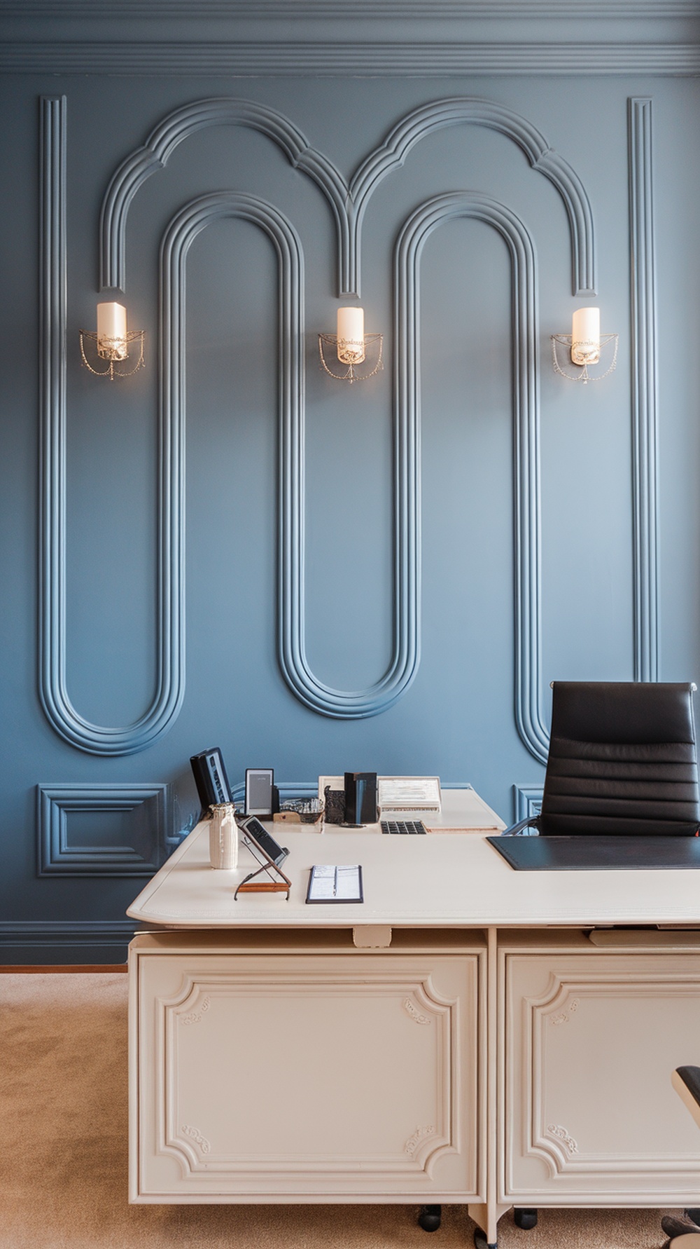 A minimalist office setup featuring a stylish desk and a blue wall with decorative molding, showcasing a whiteboard for ideas.