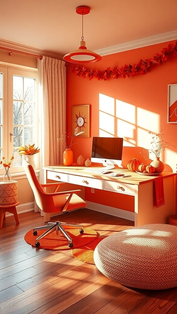 A cozy home office with coral orange walls, a sleek desk, and warm lighting.