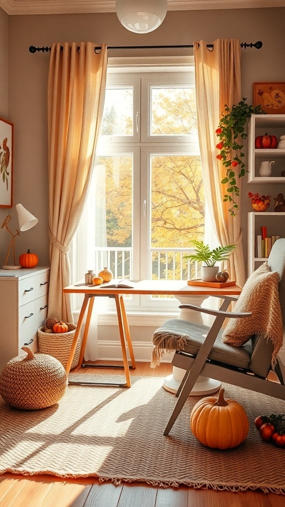 A cozy home office with a textured rug, minimal desk setup, and fall decor including pumpkins.