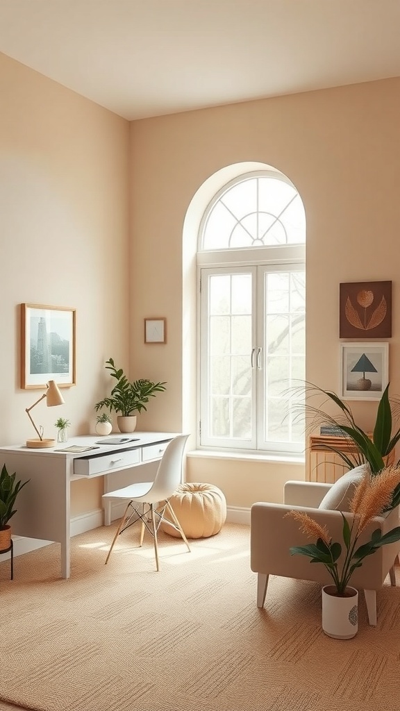 A minimalist home office with beige walls, a white desk, and natural light.
