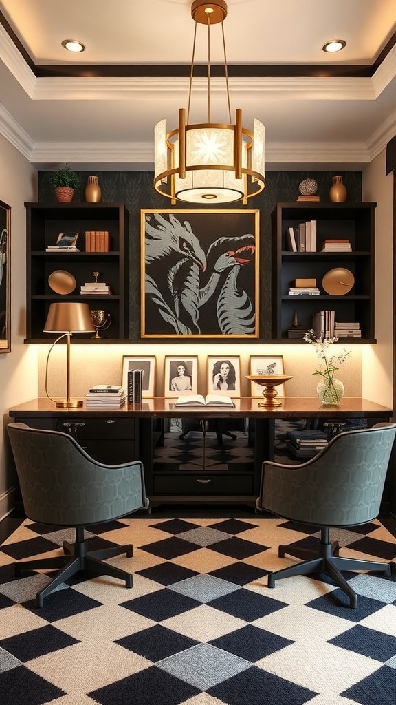 An elegant Art Deco inspired home office with rich wood furniture, gold accents, and stylish decor.