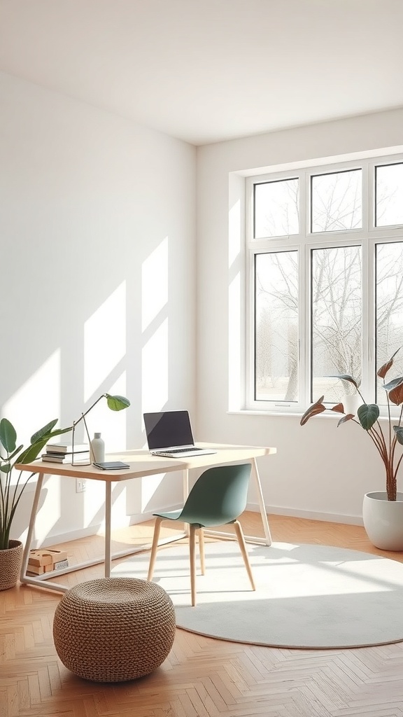 A modern minimalist home office with large windows, a wooden desk, and plants, filled with natural light.