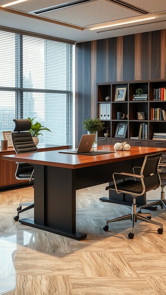 A modern executive desk with adjustable height in an office setting, featuring a wooden top and black base.
