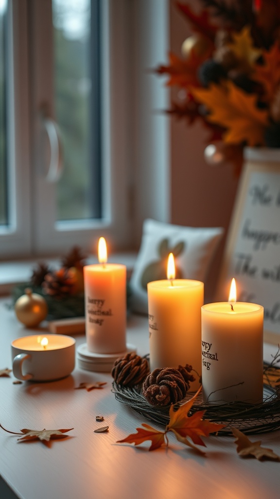 A cozy setup with gingerbread scented candles surrounded by autumn leaves and pinecones.
