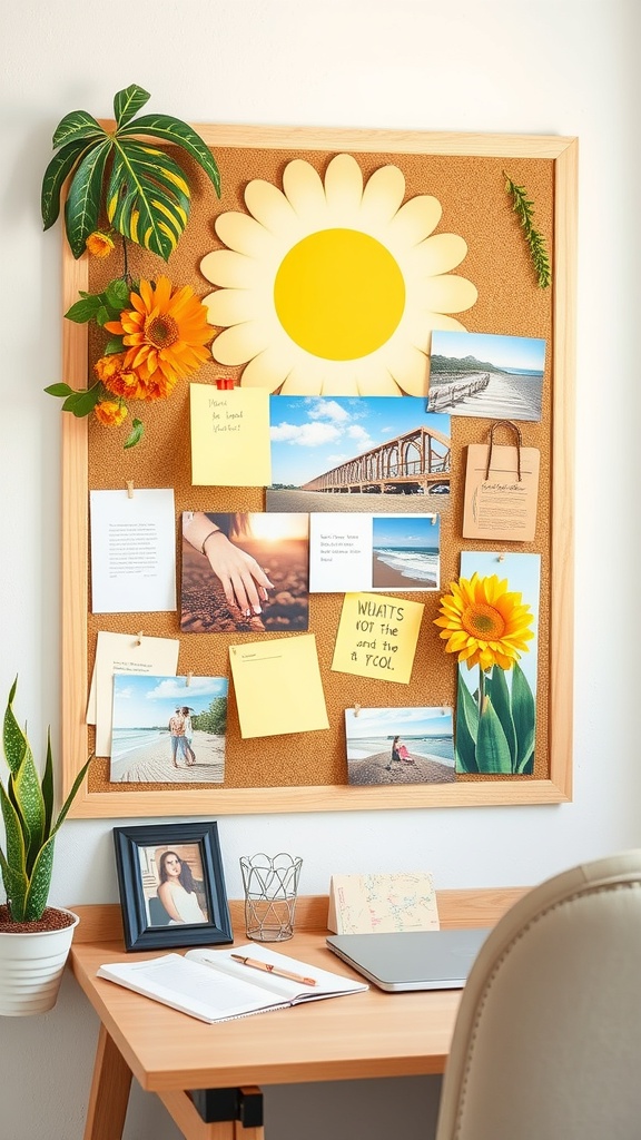 A colorful pinboard filled with photos, notes, and sunflowers, showcasing a vibrant home office decor.