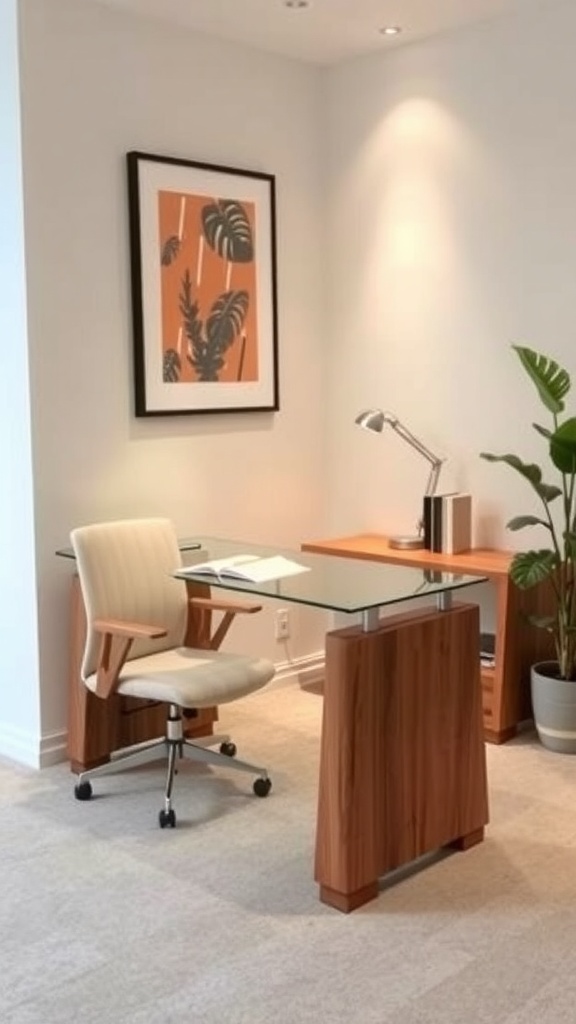 Modern l shaped desk with glass top and wood base in an executive office