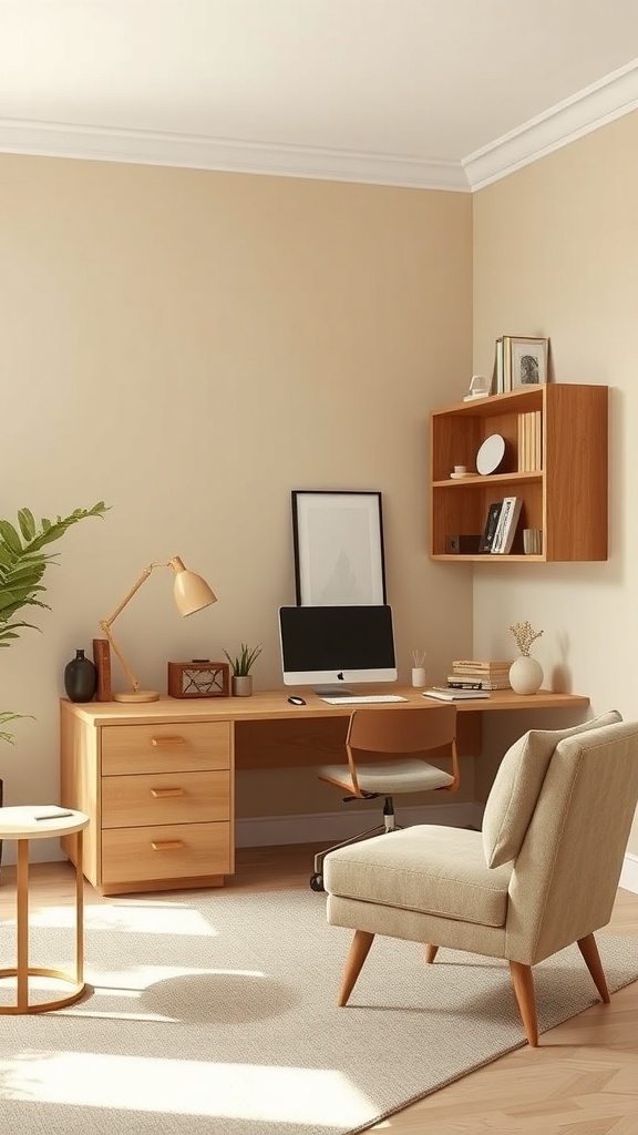 A cozy home office featuring beige walls, light gray accents, and wooden furniture.