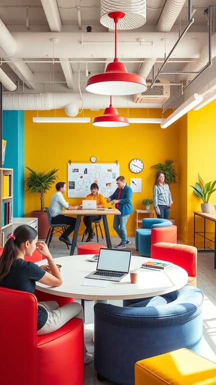A vibrant collaborative workspace with colorful seating and a group of people discussing ideas.