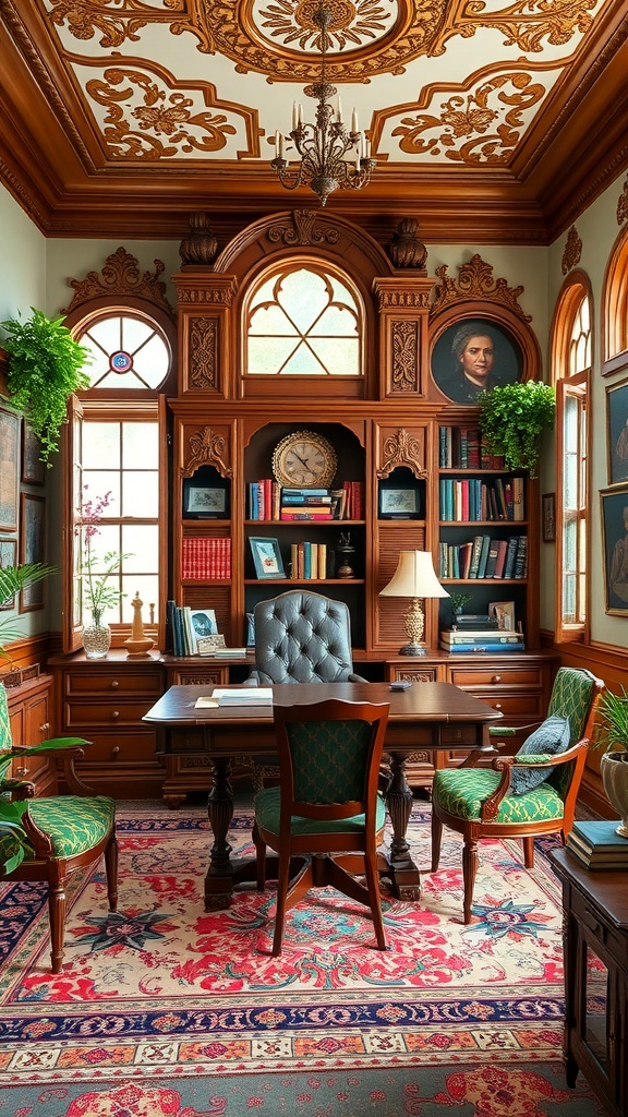 A beautifully designed Queen Anne style home office featuring ornate ceiling, wooden furniture, and bookshelves.