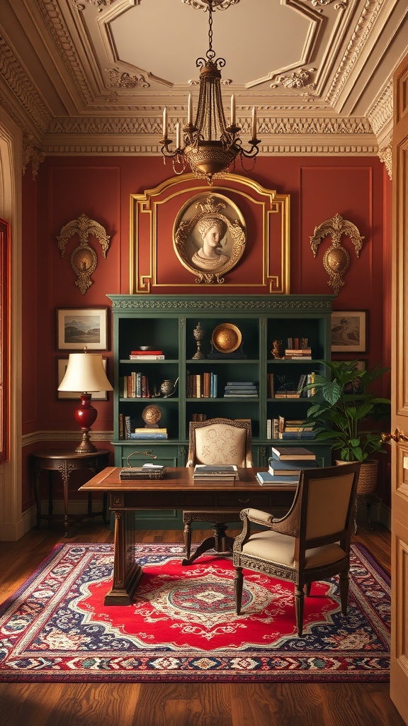 A beautifully designed home office featuring Renaissance Revival style with rich wood furniture, green walls, and intricate ceiling details.