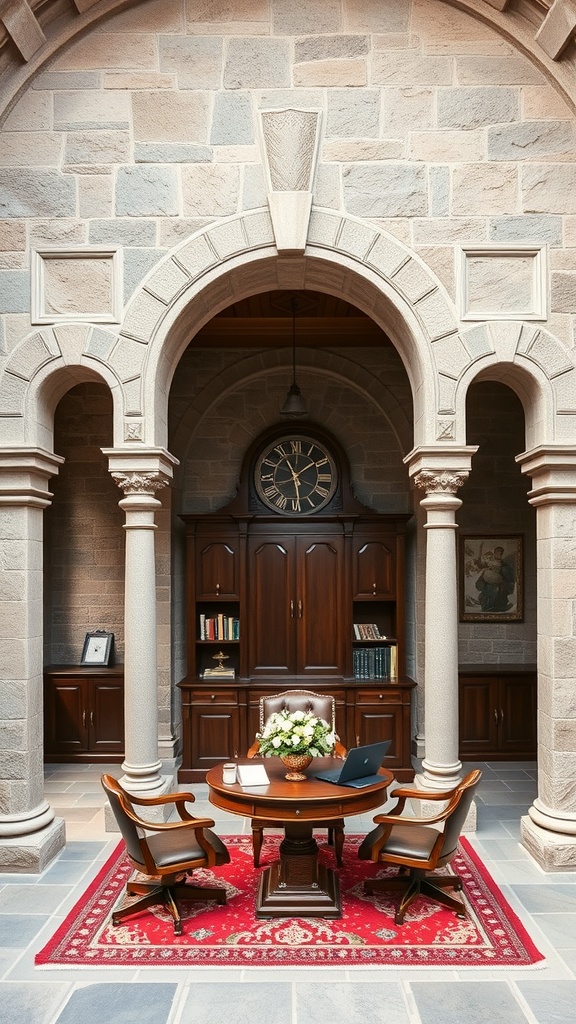 A beautiful courtyard showcasing Romanesque Revival architecture with stone walls, arches, and a cozy office setup.