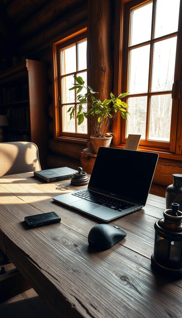 rustic cabin office technology