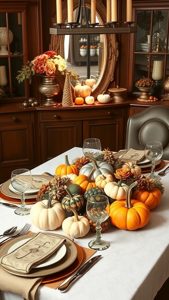 A beautifully arranged dining table with a pumpkin centerpiece, candles, and autumn flowers.