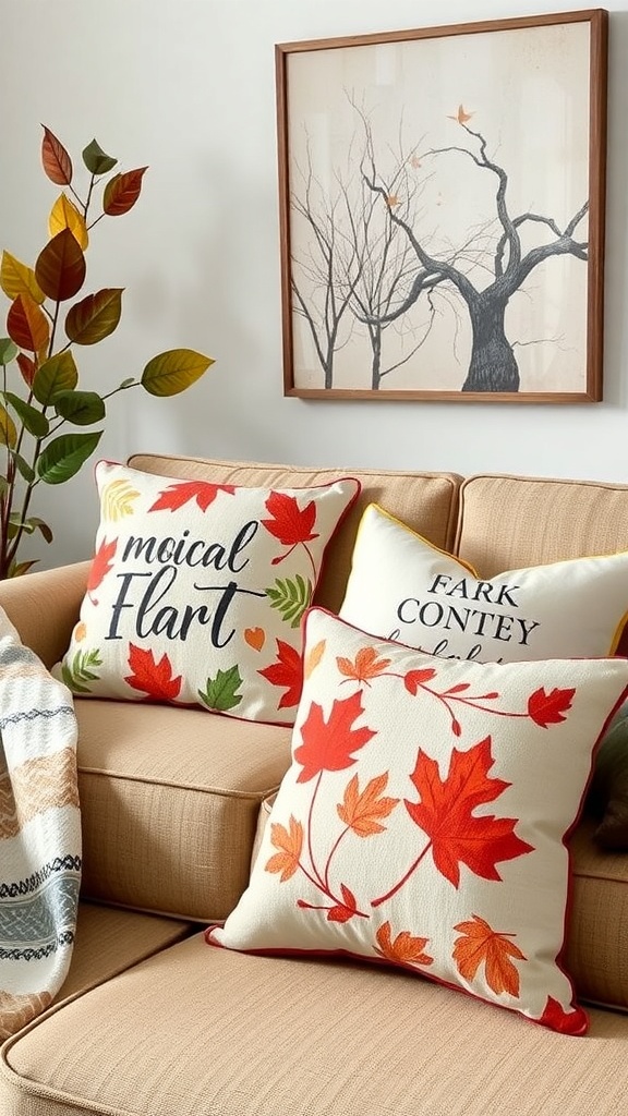 A cozy sofa with seasonal pillows featuring nature prints and autumn leaves.