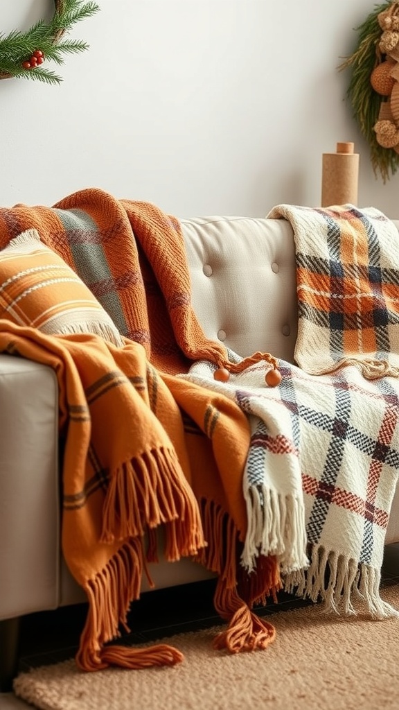 Two throw blankets on a couch, one cream and one red with patterns, with a wreath on the wall.