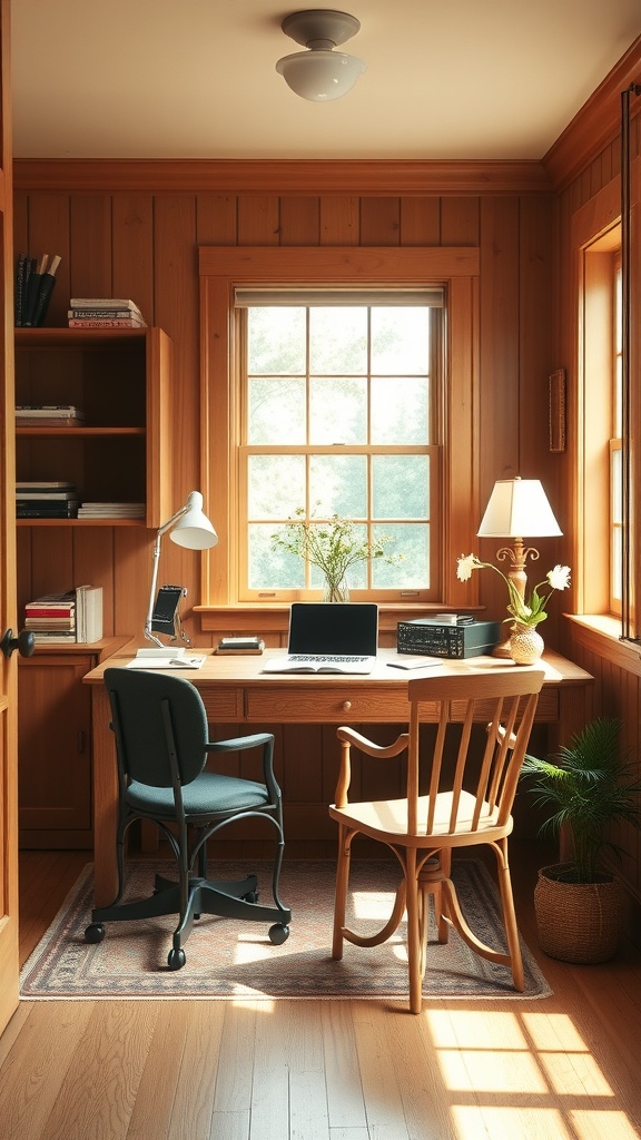 A cozy home office featuring Shaker style with wooden paneling, a simple desk, and natural light.