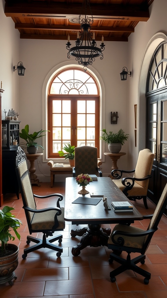 A Spanish Colonial home office with wooden beams, large windows, and elegant furniture.