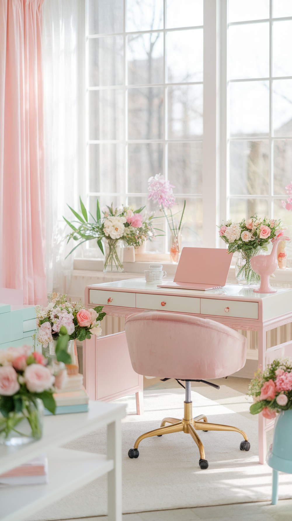 A spring-themed home office with a pink desk, plush chair, and fresh flowers.