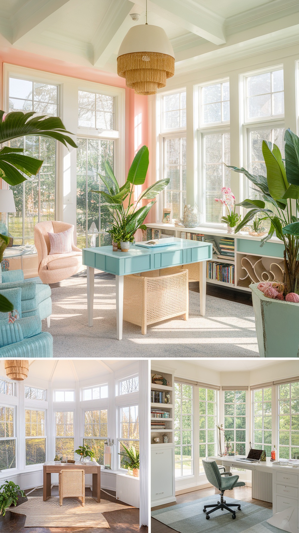 Bright and airy home office with pastel colors and plants, designed for summer decor.