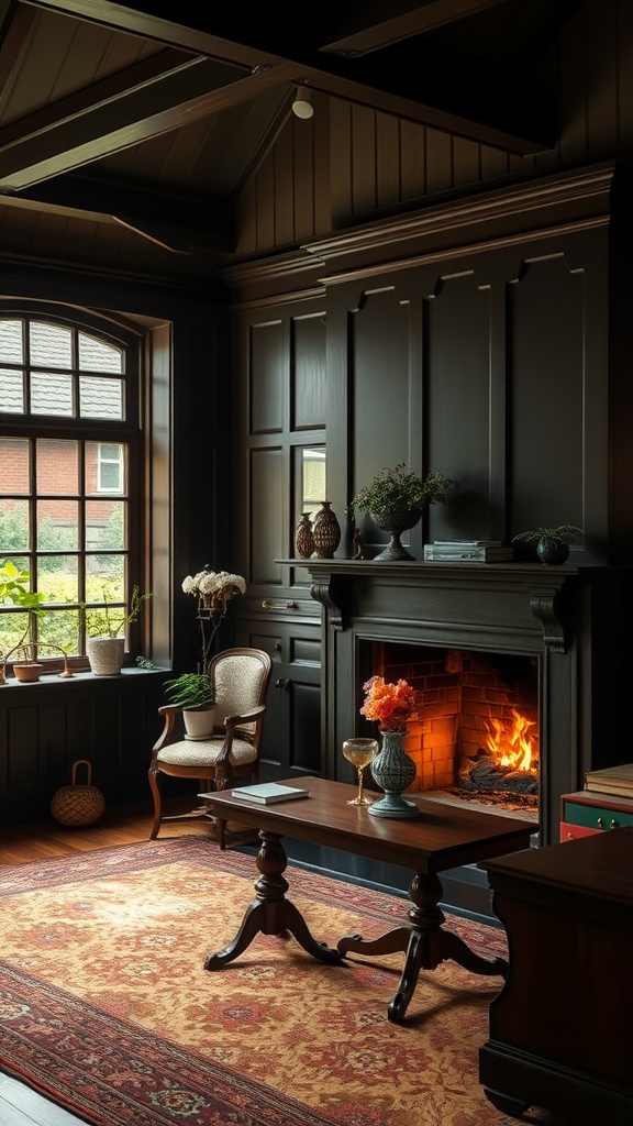 A cozy Tudor Revival home office featuring dark wood paneling, a fireplace, and a warm color palette.