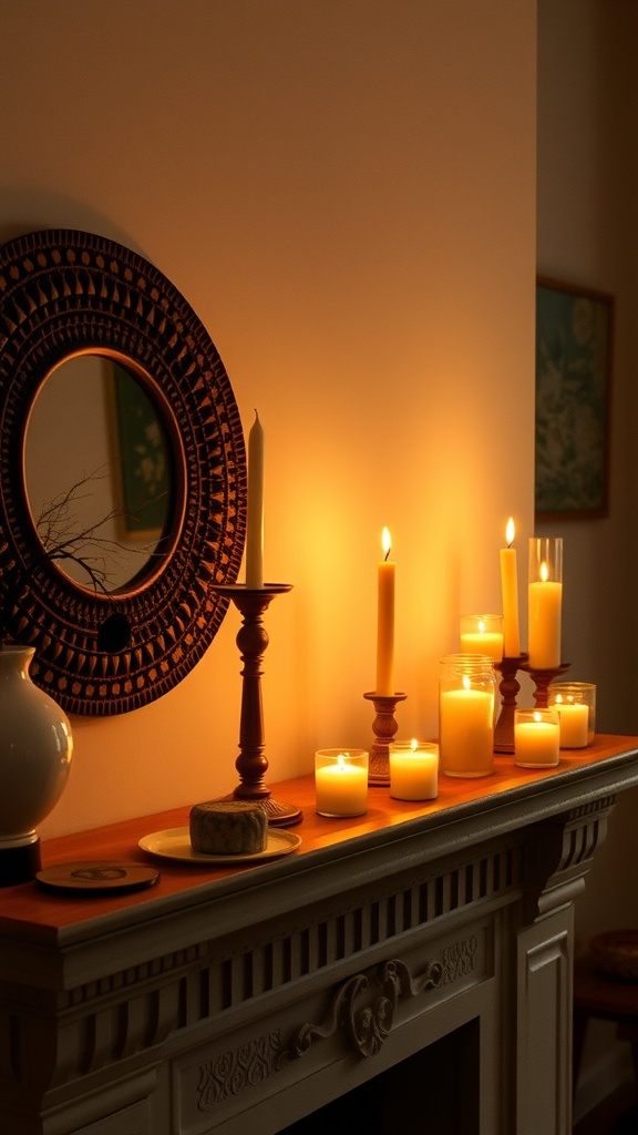 A cozy mantel with various earthy candles casting a warm glow, surrounded by a decorative mirror and autumn decor.