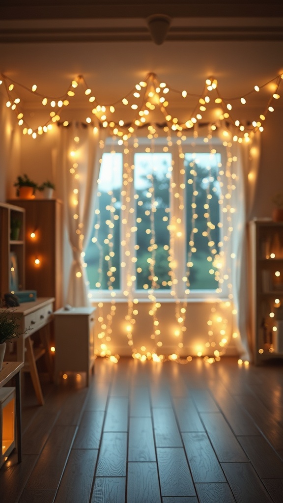 A cozy room decorated with fairy lights, creating a warm and inviting atmosphere.
