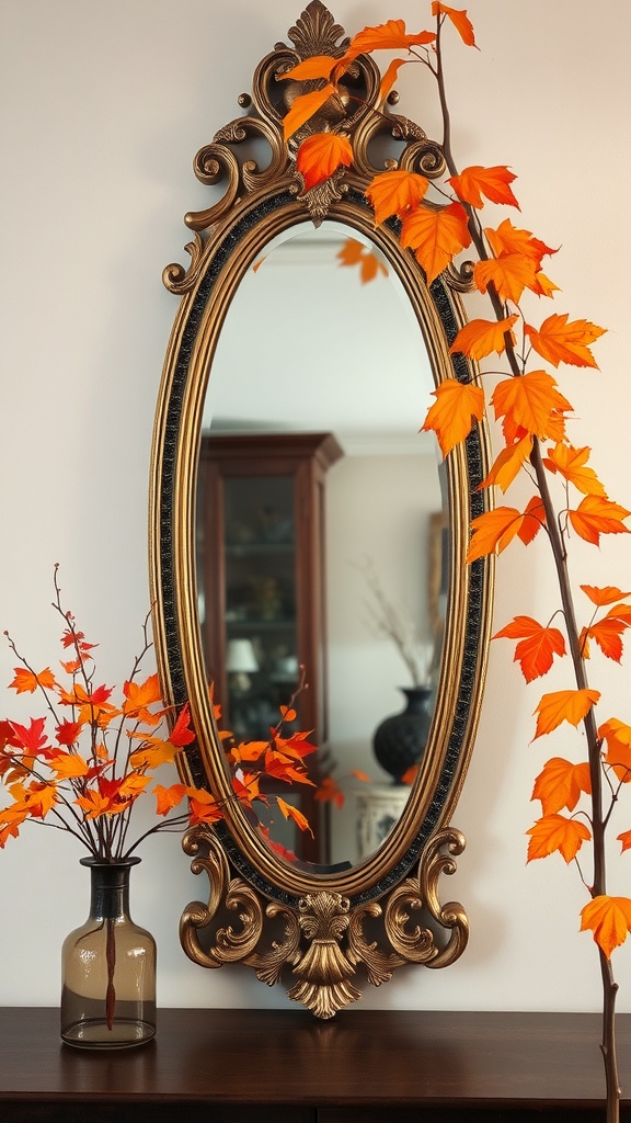 An ornate mirror with a golden frame reflecting autumn leaves in a cozy setting.
